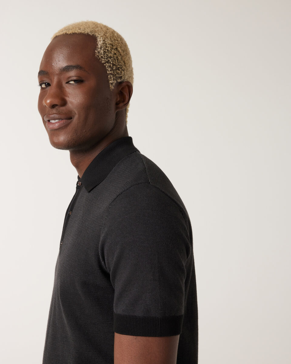 Striped Button-up Collar Polo, Charcoal, hi-res